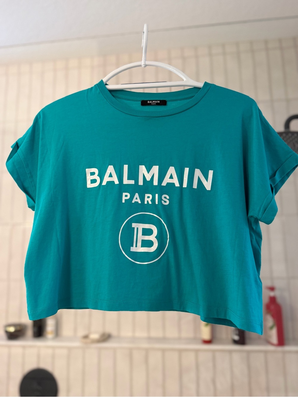 Balmain Teal Cropped Logo Tee
